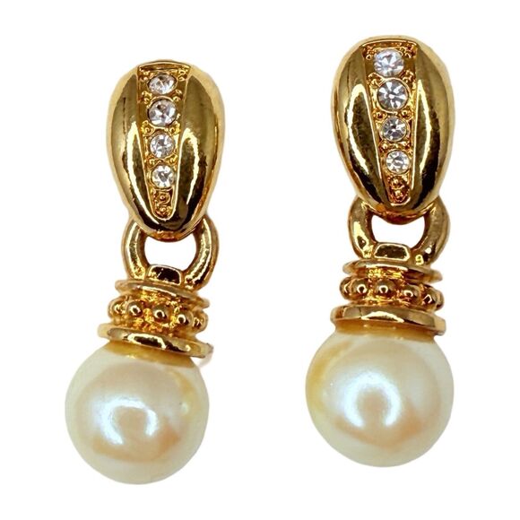 Vintage Gold-Tone White Pearl Door Knocker Dangle Earrings 1" Rhinestones - Picture 1 of 11